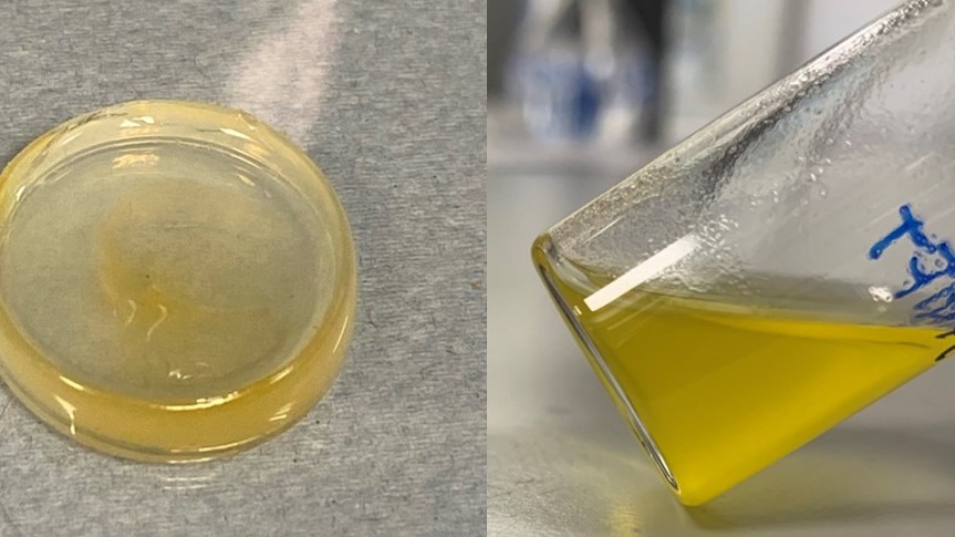 A split image shows a solid yellow gel, while on the right a jar containing a yellow liquid, illustrating the gel before and after degradation.