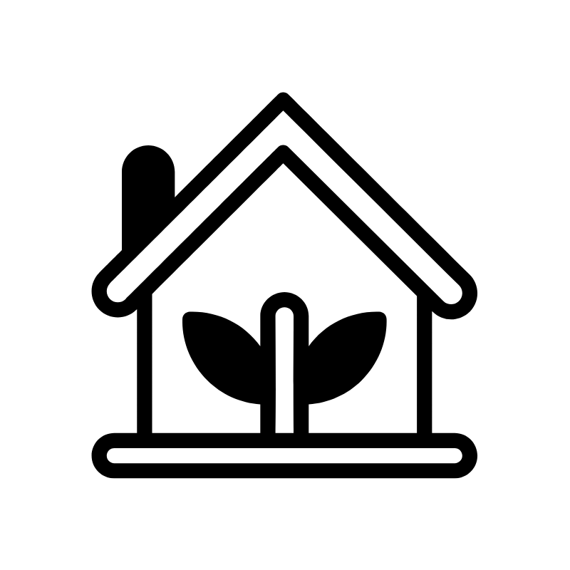 black line icon of a house with a plant in the middle