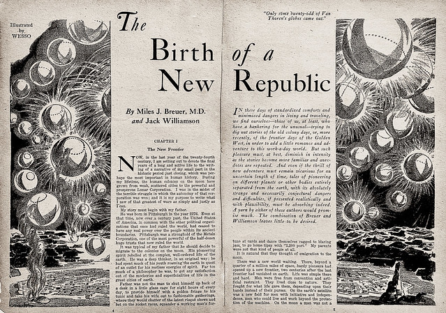 “The Birth of a New Republic” by Dr. Miles J. Breuer & Jack Williamson in “Amazing Stories Quarterly,” Winter, 1930.  Illustrated by Wesso.