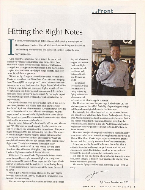 Horizon Air inflight magazine - July 2003.  Message from the President/CEO.
