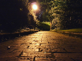 Stone path walkway and garden at night at St. Peter and St. Paul's Church in Tonbridge, Kent, England, UK