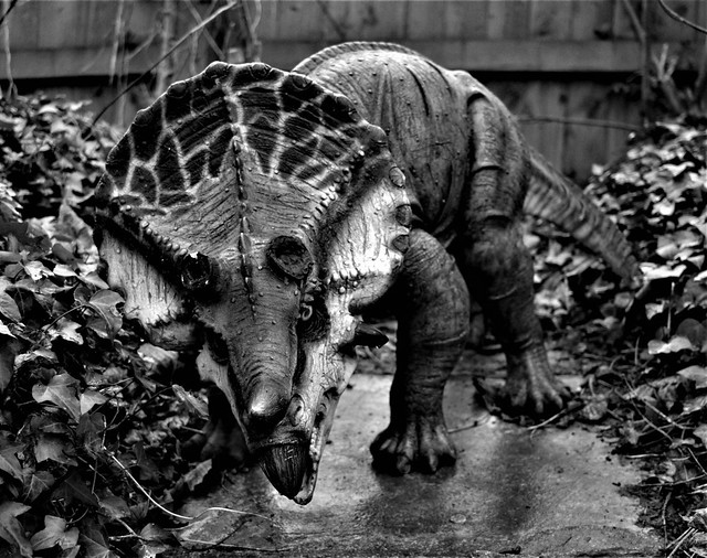 Black & White, Nature Trail Dinosaur Sculpture, Bucklegrove Caravan Park, Rodney Stokes, Somerset, England.