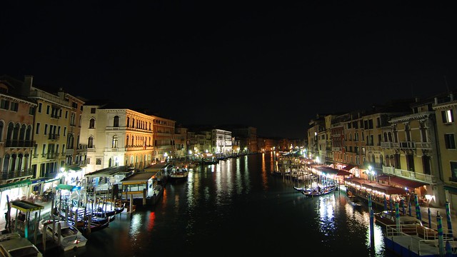 Night view of Venice's Grand Canal from the Rialto Bridge