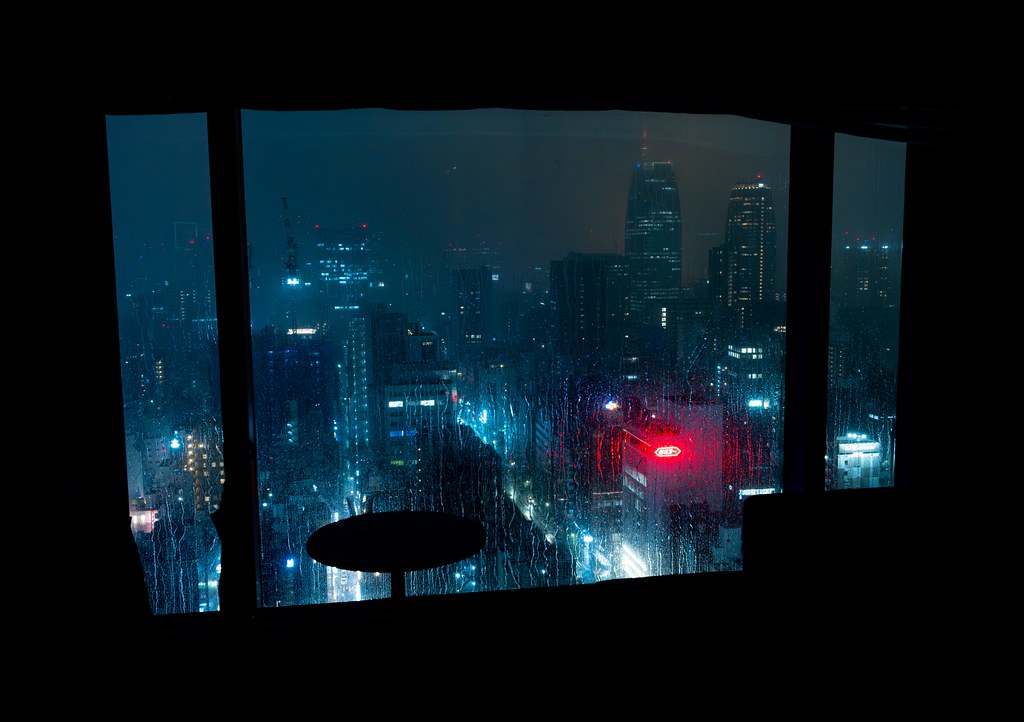 Rainy night in cyberpunk city