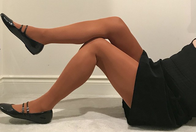 Suede Mini, Caramel Tights and Black Patent MJ Flats