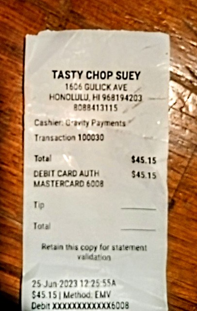 Tasty Chop Suey - 6/24/2023 - Receipt for Dine In & Take Out / Take Away