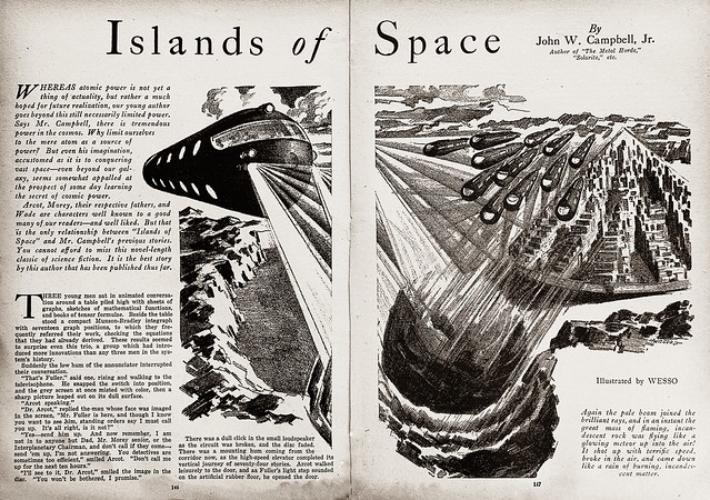 “Islands of Space” by John W. Campbell, Jr. in “Amazing Stories Quarterly,” Vol. 4, No. 2 (Spring, 1931).  Art by Wesso.