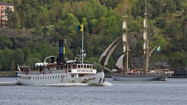 The steam ship Storskär and the brig Tre Kronor in Stockholm