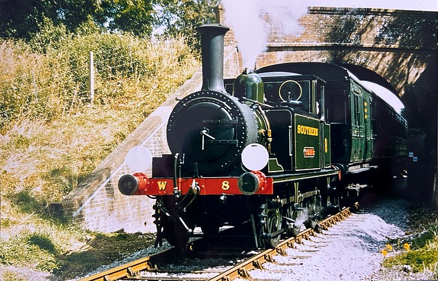 Southern Railways – ‘A1X Class’ 0-6-0T - W8 ‘Freshwater’ (46 ‘Newington’, BR No.32646 Terrier taken passing Deacons Lane Bridge near Ashley Station, IOW c1994 in preservation.