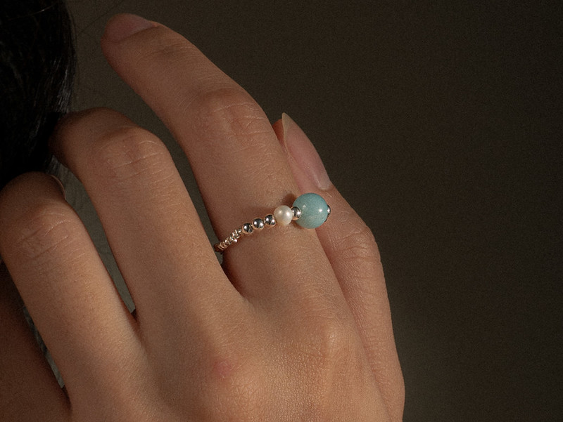 純銀 戒指 藍色 - ARROGANT - 偏愛 * 藍綠 珍珠 礦石 925 純銀 彈性戒指