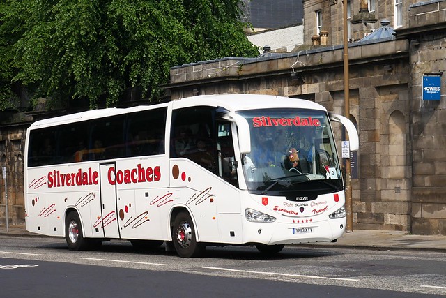 Silverdale Coaches of Airdrie Scania K360EB4 Irizar Century YN13XYV at Waterloo Place, Edinburgh, on 12 June 2023.