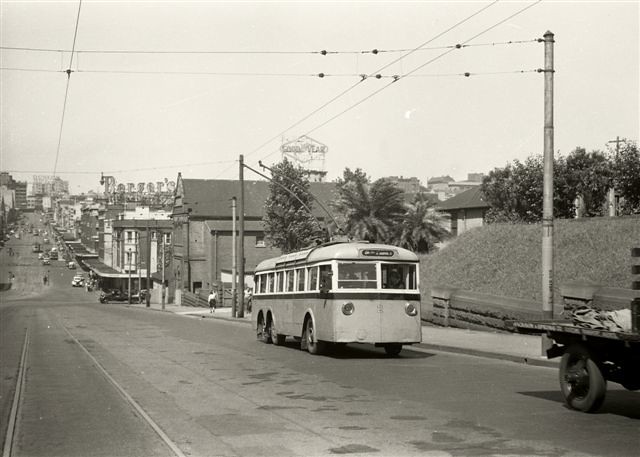 AEC SD Trolleybus No 2. William St near College St. Sydney in 1949 PIcture: N F Reed