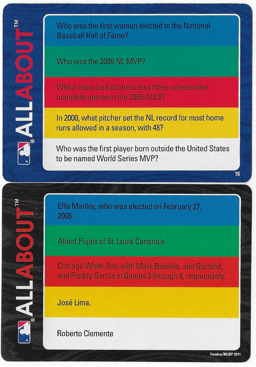 2011 Fundex All About Baseball Trivia (no pic) #16 (Albert Pujols, Roberto Clemente)
