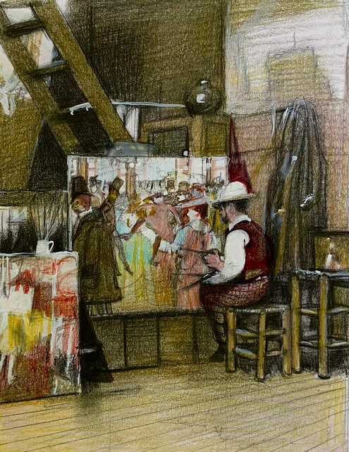 Last stage No.5.  My drawing showing Toulouse Lautrec painting in his Studio.   Polychromos and Luminance pencils and graphite pencil by jmsw on thick card.