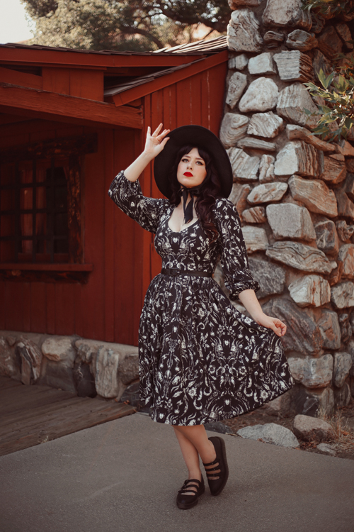 La Femme En Noir Dark Forest Dress in Cottage Witch Toile Print Southern California Belle