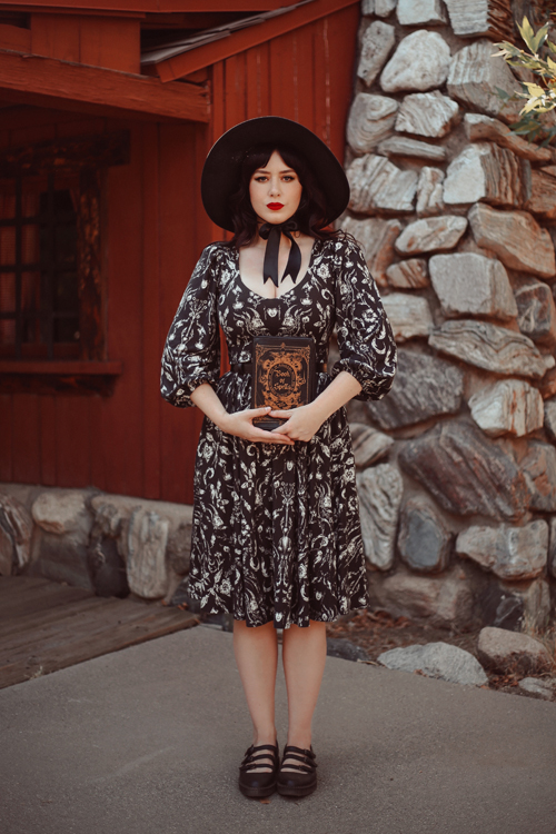 La Femme En Noir Dark Forest Dress in Cottage Witch Toile Print Southern California Belle