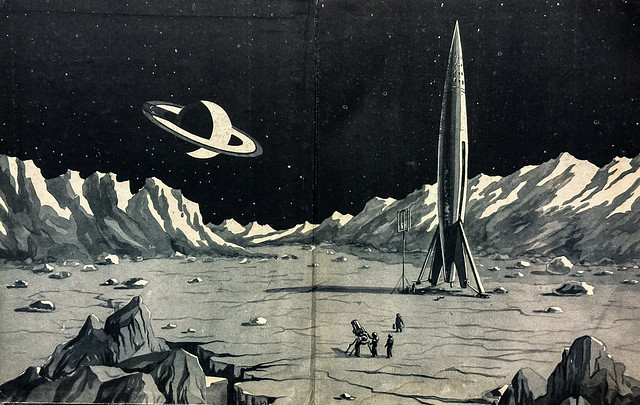 Endpapers in “Travel to Distant Worlds” by K.A. Gilzin, Moscow, 1960.  Tsiolkovsky’s Interplanetary Space Rocket.