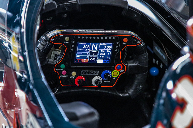 Scott McLaughlin's steering wheel powered up. #3 Penske Racing Dallara-Chevy