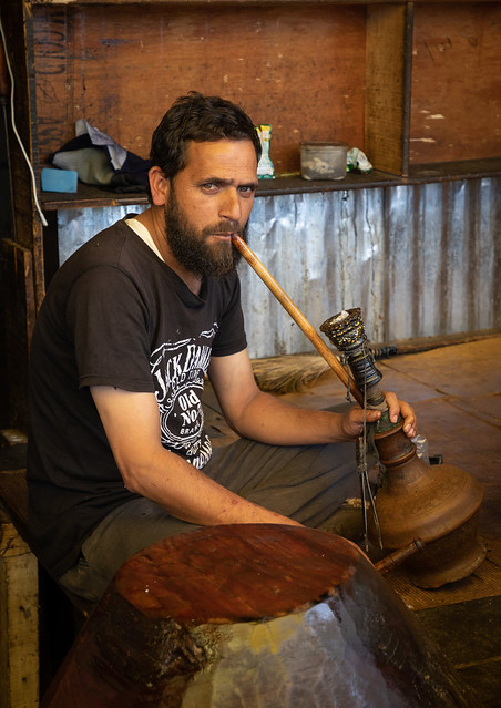 Kashmiri man smoking traditional pipe, Jammu and Kashmir, Charar- E- Shrief, India