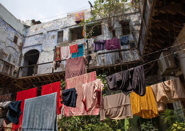 Clothes drying in a courtyard in old Delhi, Delhi, New Delhi, India