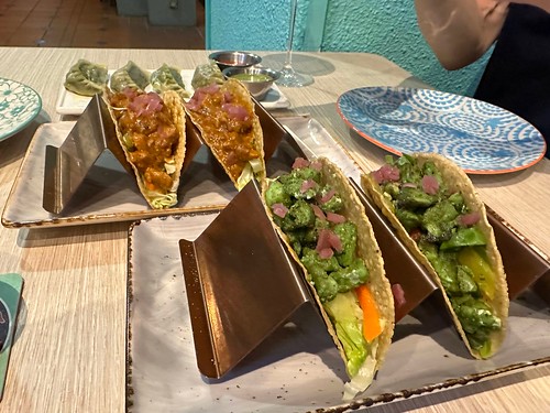 Haryali Fish Tacos, Smoked Butter Chicken Tacos, and Vegetarian Momos