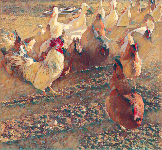 Rooster, Hens and Ducks - Artistic Interpretation