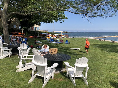 Adirondack chairs, view to Long Island Sound, Owenego Club, Branford, Connecticut, newhaven connecticut newengland july2023 branford owenego longislandsound scenery thimbleislands people tree furniture