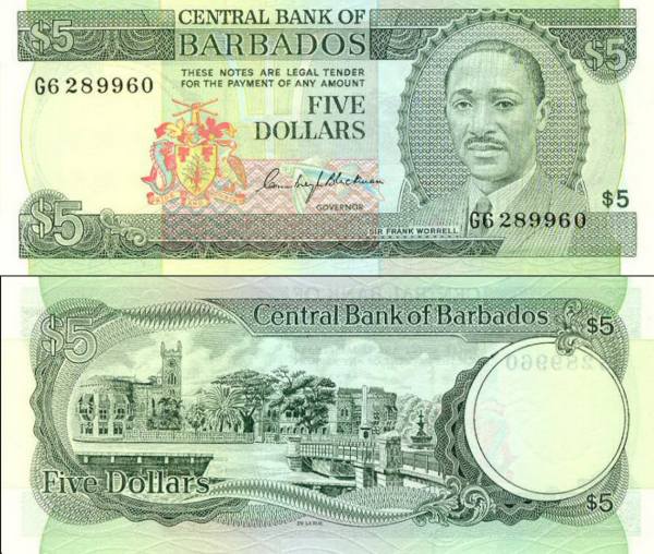 Barbados p32a 5 Dollars 1975