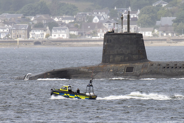 Unidentified Royal Navy Vanguard-class nuclear Trident missile submarine (SSBN); off Kirn, Firth of Clyde, Scotland.