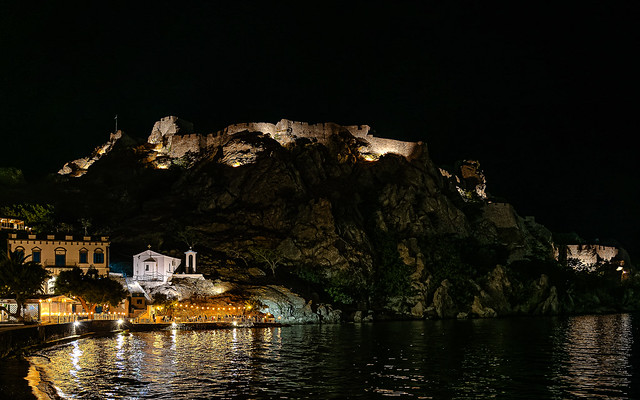 Night Scene (Romeiko Gialos Seafront - Agia Parashevi Chapel &  Myrina Castle) Lemnos - Greece (Panasonic  S1 & Sigma 24-70mm f2.8 ART Lens)