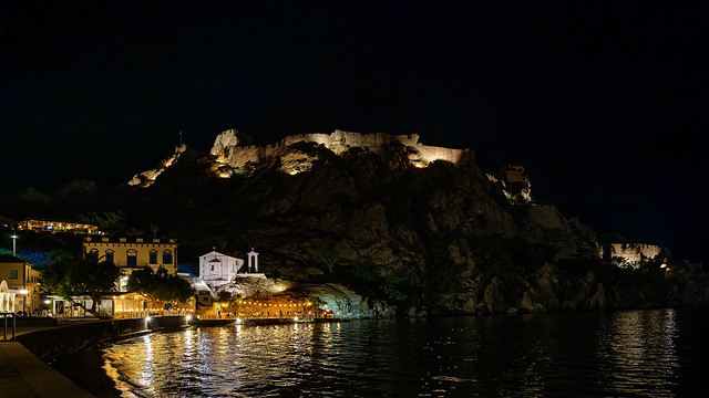 Nightscape (Romeiko Gialos Seafront - Agia Parashevi Chapel &  Myrina Castle) Lemnos - Greece (Panasonic  S1 & Sigma 24-70mm f2.8 ART Lens)