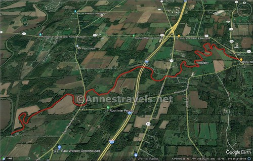 Visual map of my paddle between Rush (right) and Golah Road (left) in Honeoye Creek south of Rochester, New York