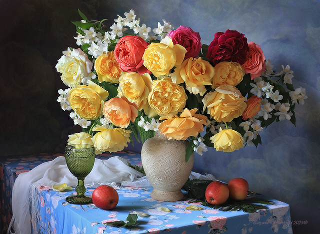Still life with garden roses and jasmine