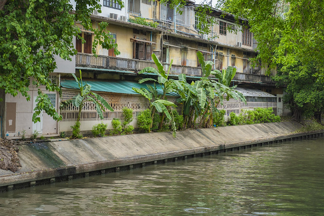 Khlong (canal) with houses and trees in old town of Bangkok, Thailand
