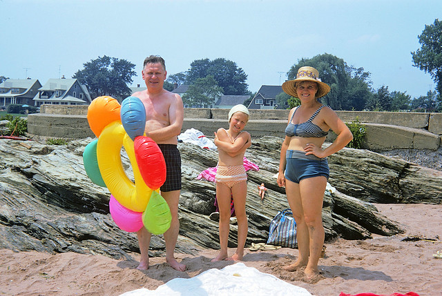 Hard to believe that this was 51 years ago! My Mom on the right, my cousin in the center wearing a rubber cap and my uncle holding a very colorful swimming floatie. Milford, CT. Aug 1972