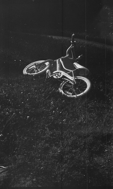 abandoned bike, lawn, West Asheville, North Carolina, Eastman Kodak No. 2 Bulls Eye Model D, Foma Classic 400, FPP monobath developer, 7.14.23