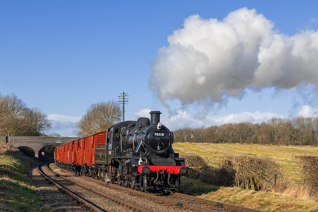 BR Standard 2MT 2-6-0 no. 78018 heads away from Rabbit Bridge with a southbound mixed goods train on 31st January 2018