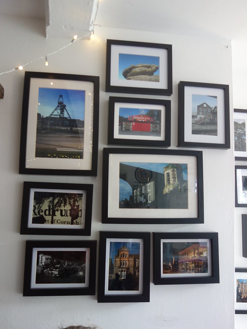 Arrangement of old photos of Redruth in a café in Redruth