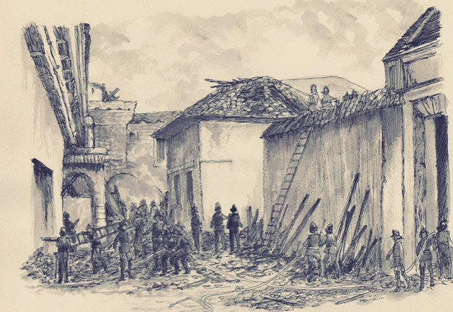 Santiago en peligro, 27 enero 1880 incendio del Cuartel de la Mestranza de Artilleria por Antonio Marquez Allison