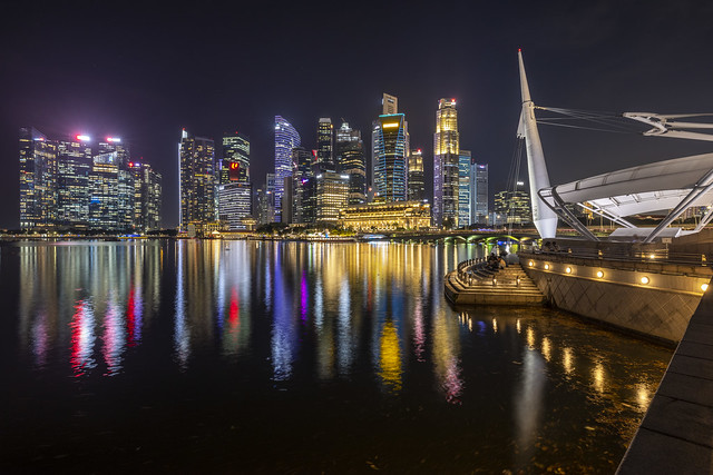 Vivid Night Reflections of Business District and Esplanade Outdoor Stage