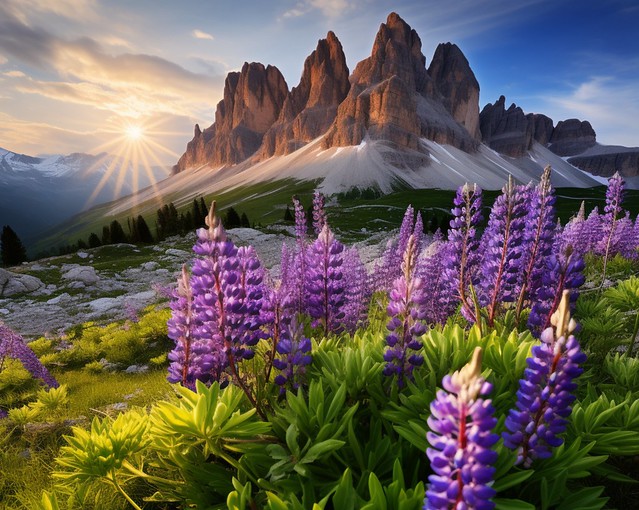 Lupine blooming in mountain landscape