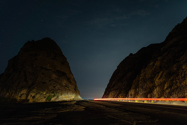 Car Light Trails at Pacific Coast Highway by Point Mugu Rock