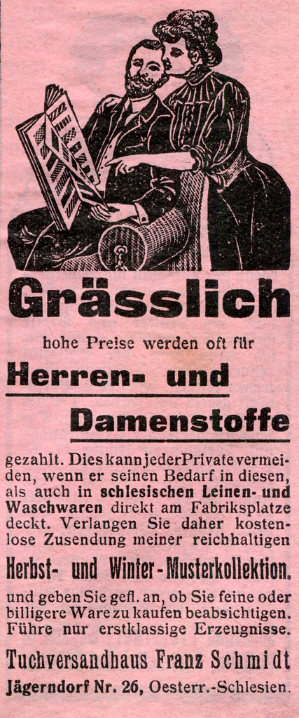 Kleinanzeige des Tuchversandhauses Franz Schmidt in Jägerndorf, 1911