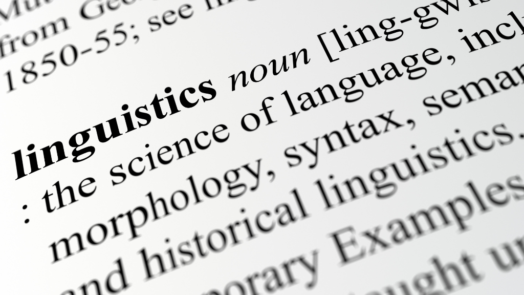 English dictionary page focusing on the word 'linguistics' and its definition. 