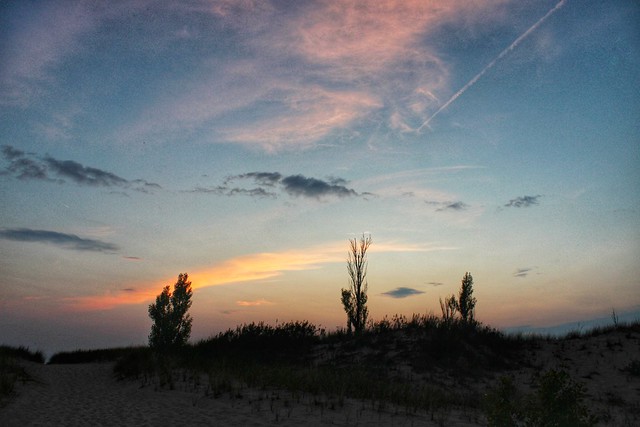 Sunset beyond the dunes.  Arcadia South Beach, Arcadia, Michigan