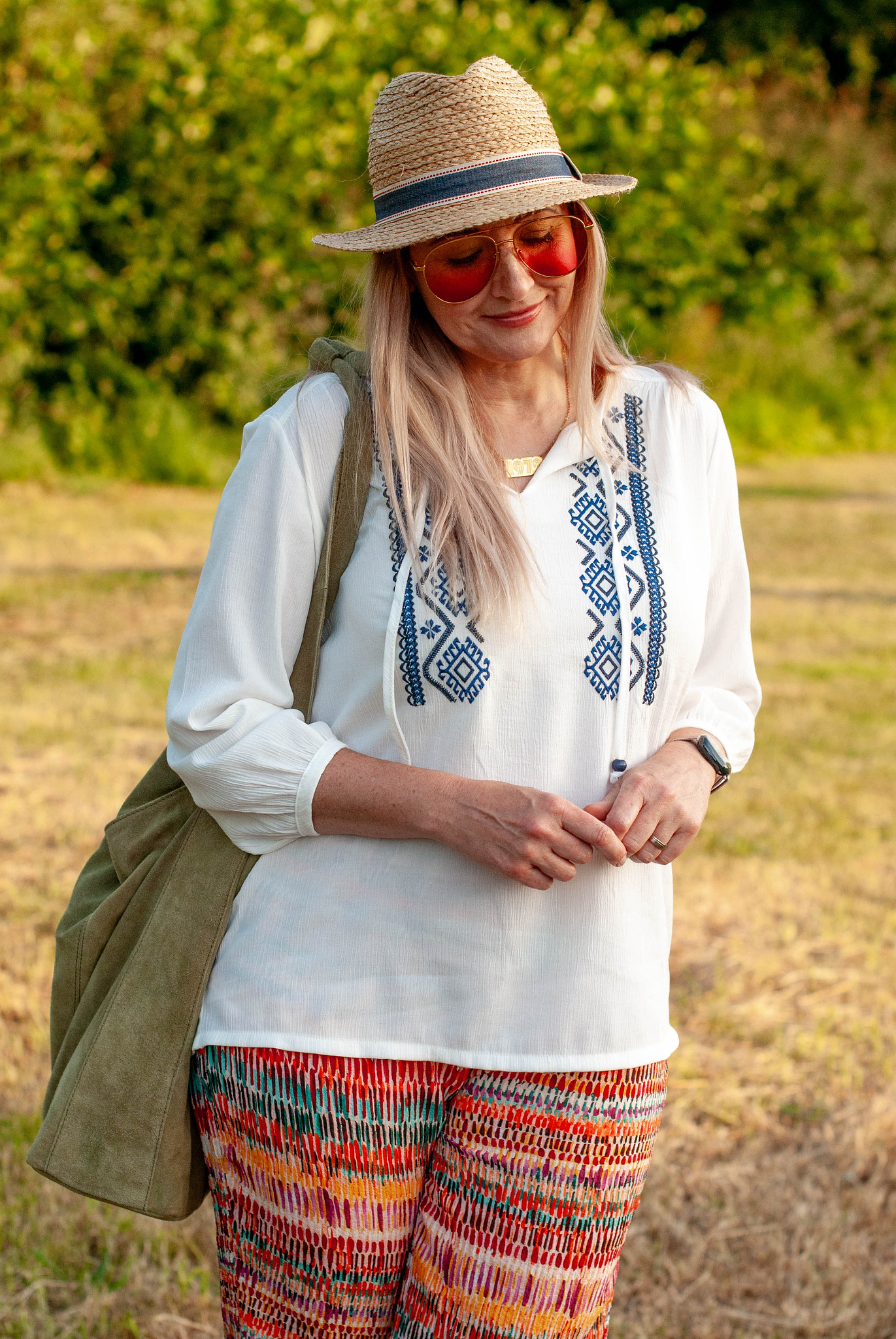 Summer Dressing Outfit: Boho Embroidered Loose Tunic Top, Multicoloured Patterned Wide Leg Pants, Olive Green Suede Slouch Bag | Not Dressed As Lamb, Over 50 Fashion & Style