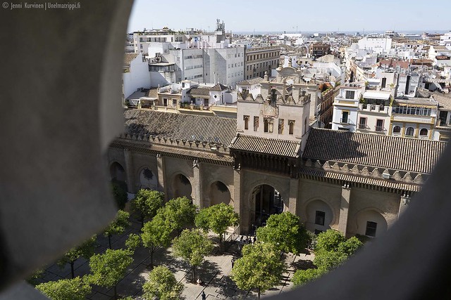 Näkymä alas Sevilla katedraalin katolta kaiteen välistä