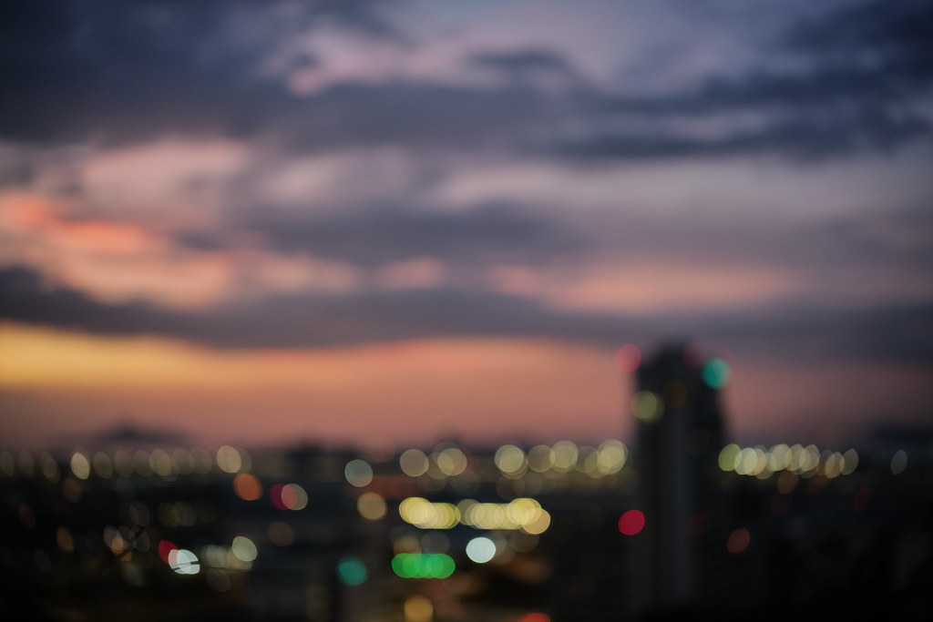 Bokeh in sunset from the Airport Lookout to Hong Kong International Airport