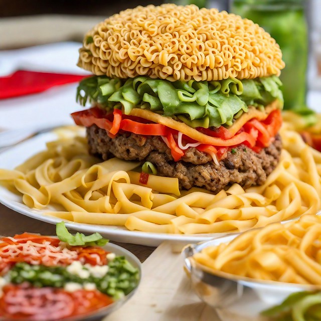 Burger made out of spaghetti