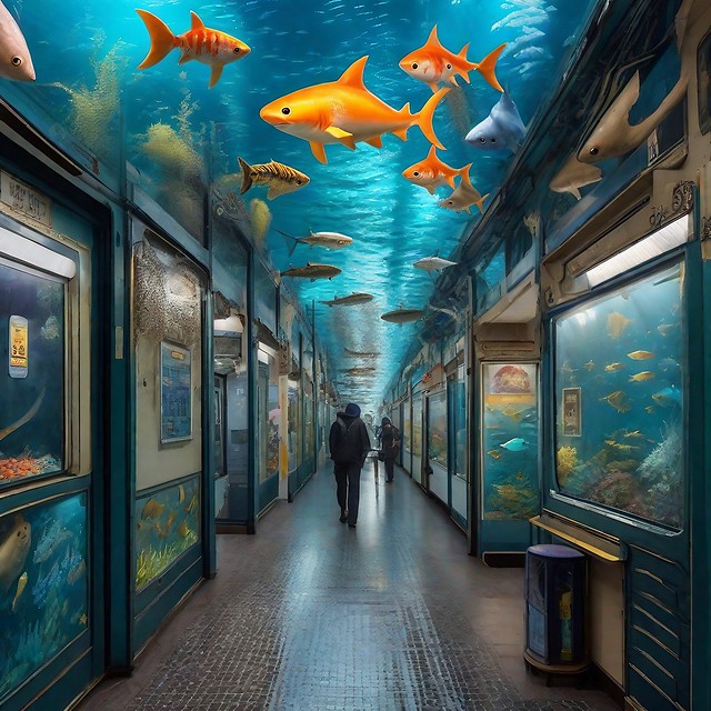 Train station interior as underwater world